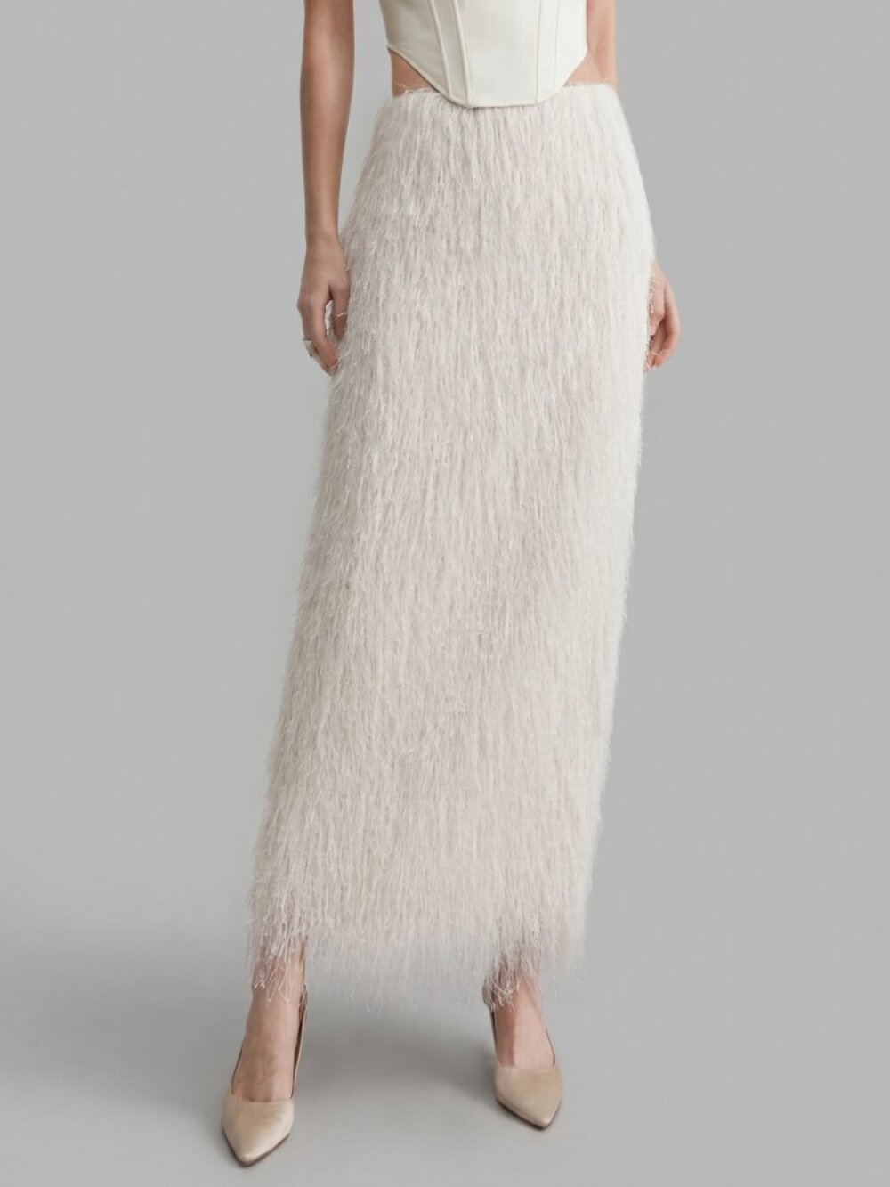 Women’s White Feather Fringe Maxi Skirt Elegant High Slit Statement Skirt - Picture 7 of 8